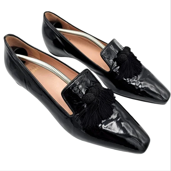 Stuart Weitzman Leather Square Toe Tassle Loafer Flats Black Size 8 - Picture 2 of 13